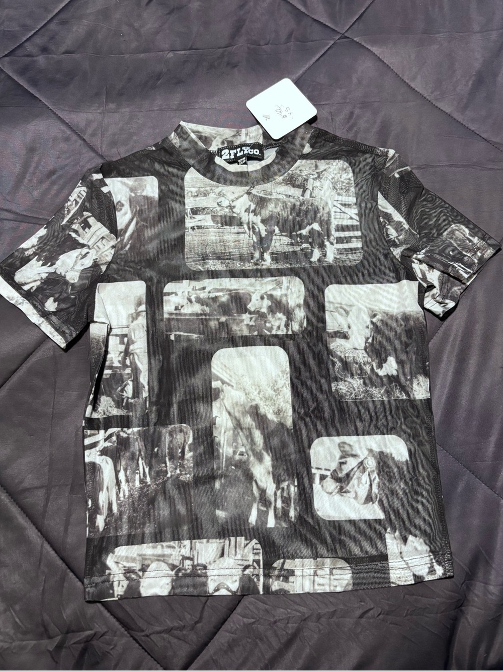 Black & White Cow Photo-Print Short Sleeve Mesh Tee for Women